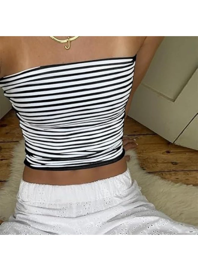 CLENEA Women Strapless Striped Bandeau Tube Tops Aesthetic Sleeveless Backless Crop Tank Going Out Summer Girls - Image 3